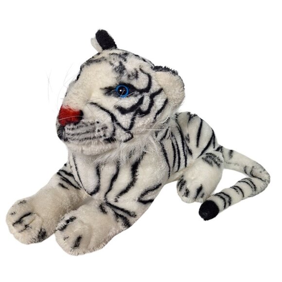 White Tiger Striped Realistic Zoo Plush Laying Stuffed Animal 15" - Picture 1 of 6